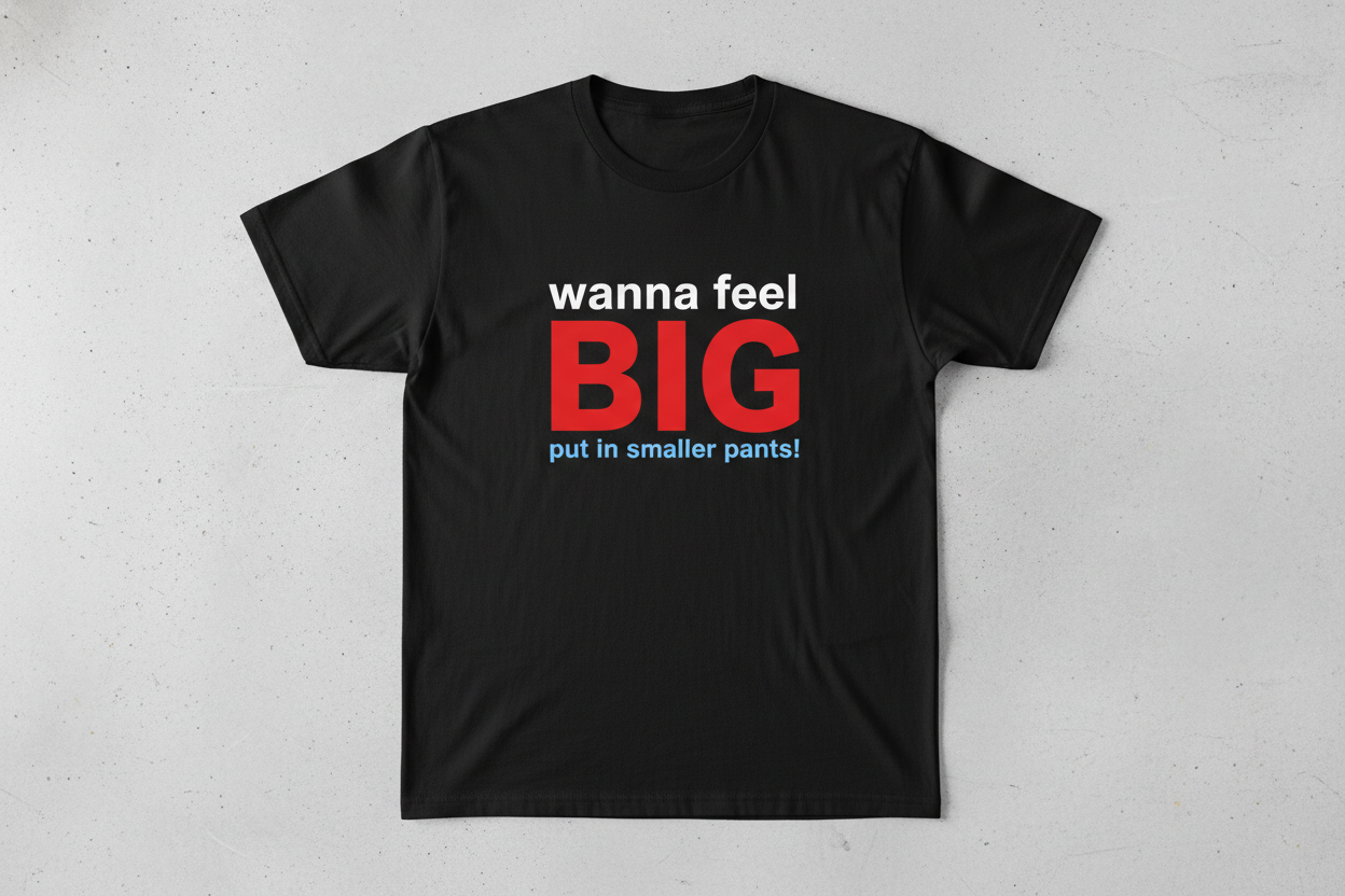 Black t shirt with "wanna feel big" written with wanna feel in white and  BIG written in red then in light blue at bottom in small text "put in smaller pants!"